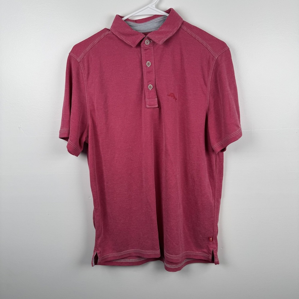 Tommy Bahama Polo Shirt Mens Small Pink Striped Marlin Logo Tencel Modal Golf